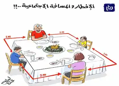 أسرة من 4 أفراد يجلس كل منهم على ضلع منفرد لمائدة إفطار مربعة كبيرة بسبب التباعد الاجتماعي