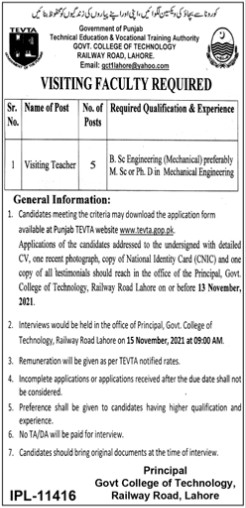 GOVERNMENT COLLEGE OF TECHNOLOGY GCT LAHORE JOBS - TEVTA JOBS 2021