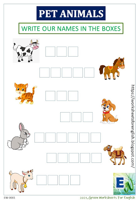 Worksheet EW-0001 Pet Animals (Write their names in the boxes)