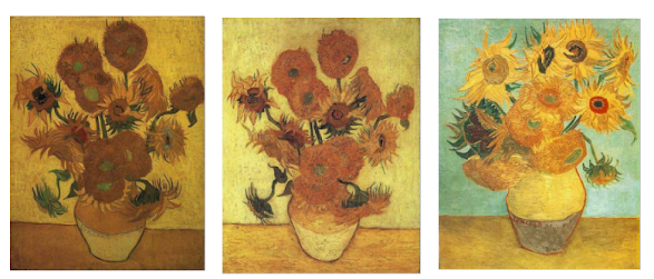 Imagen de los girasoles en los museos: Museo van Gogh, Sompo Japan Museum of Art, Museo de Arte de Filadelfia.