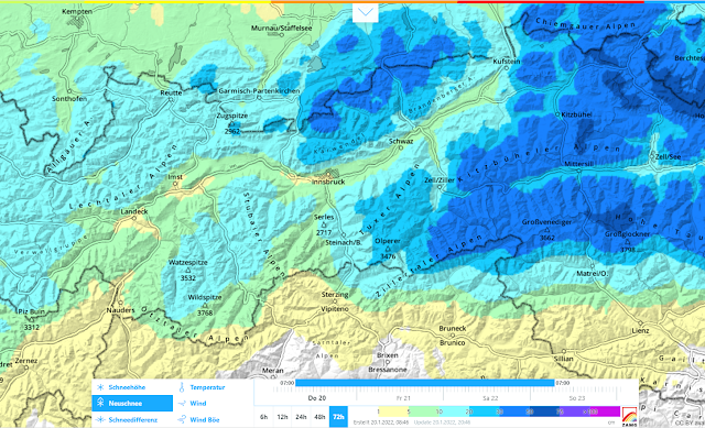 72h Neuschneeprognose.: Schwerpunkt der Niederschläge im (Nord-)Osten des Landes