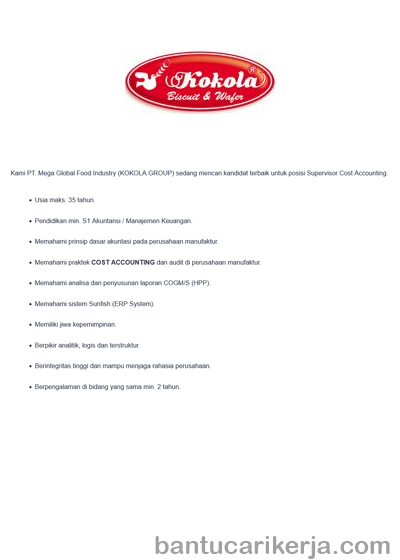 Supervisor Cost Accounting  PT Mega Global Food Industry