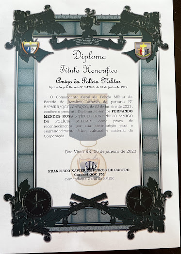 "MENDES ROSS recebe Diploma - Titulo Honorífico "AMIGO DA POLÍCIA MILITAR"