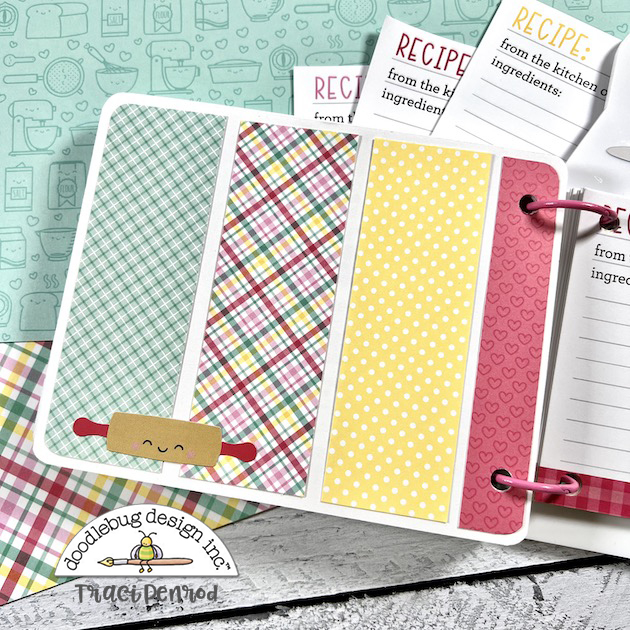 Oven shaped recipe scrapbook album page with rolling pin, plaid paper, hearts, and polka dots