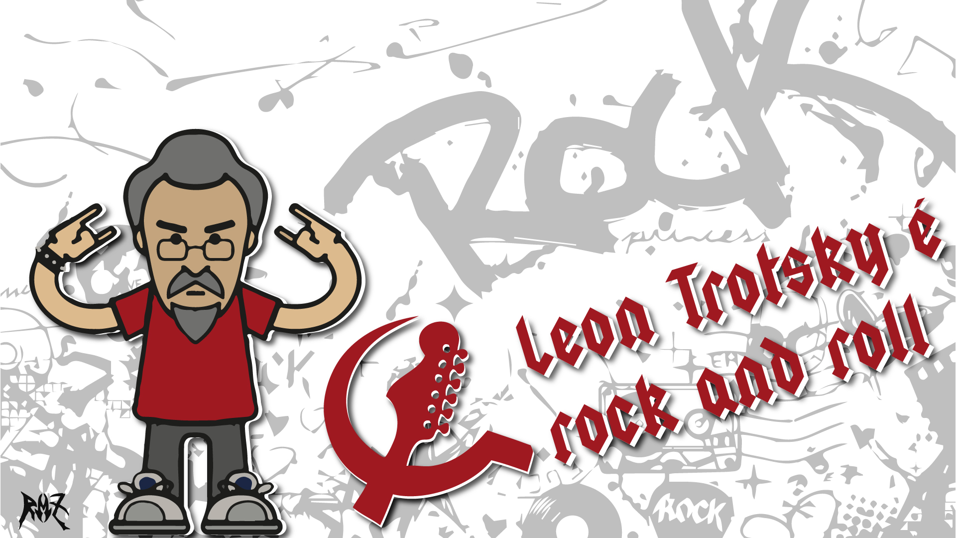 Arte revolucionário Leon Trotsky estilo rock com guitarra e chifrinho na mão