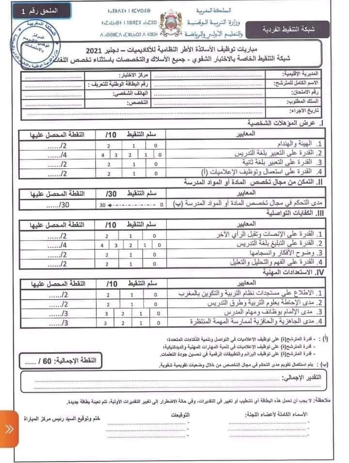 شبكة التنقيط المعتمدة بالاختبارات الشفوية لمباراة توظيف الاساتذة اطر الاكاديميات