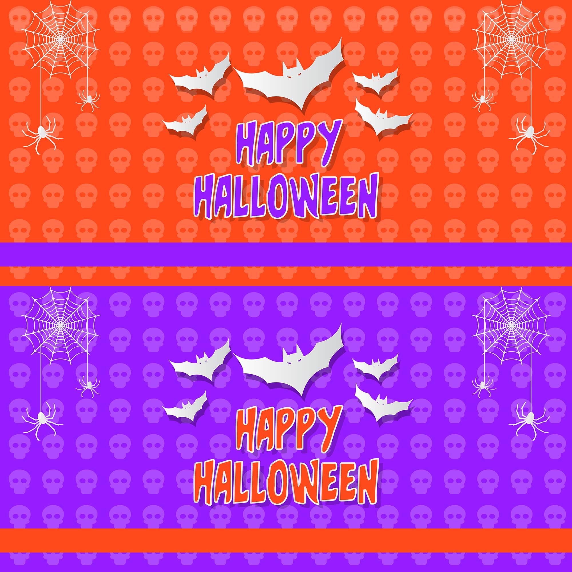 Set of Happy Halloween vector banner templates for free download in orange and violet background