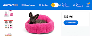 Walmart Ad - Dog Bed shows small dog with big ears in a fuzzy furry puffy fuscia dog bed