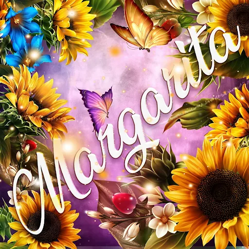 imágen con el nombre margarita con fondo de girasoles y mariposas para descargar gratis