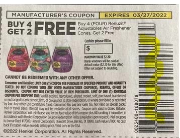 b4g2 FREE Renuzit Adjustables Air Freshener Cones Max Value $2.20 Coupon from "SAVE" insert week of 3/13/22.