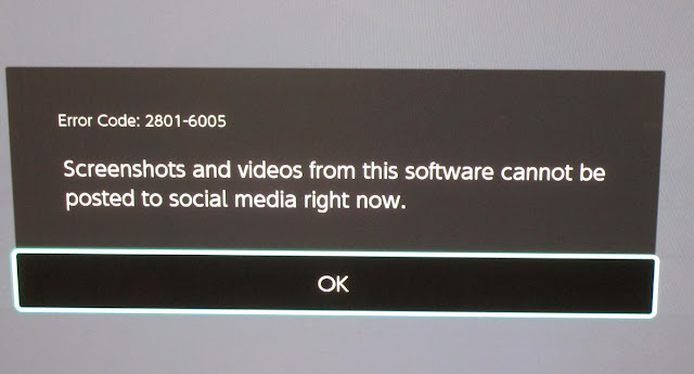 Nintendo Switch Error Code 2801-6005 screenshots videos cannot be posted to social media