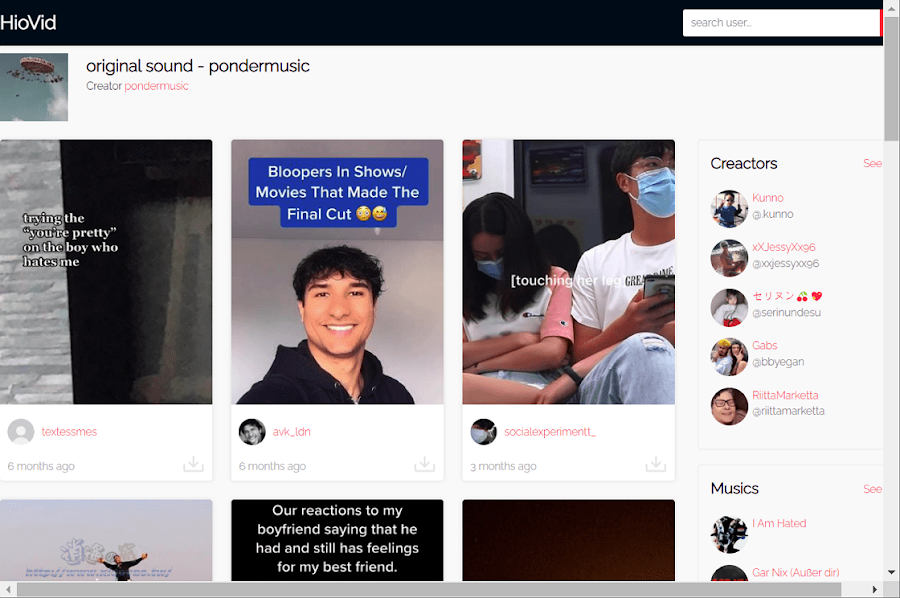 HioVid 線上 TikTok 瀏覽器，搜尋抖音用戶觀看影片可直接下載