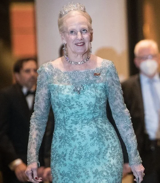 Queen Margrethe wore a green lace gown, diamond tiara, necklace. President Frank-Walter Steinmeier and Elke Büdenbender