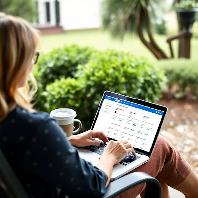 A woman sitting on her porch in Tallahassee comparing three car insurance quotes on her laptop with a coffee in hand.
