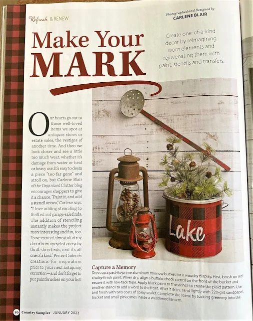 Photo of my buffalo checked minnow bucket shared in Country Sampler Magazine.