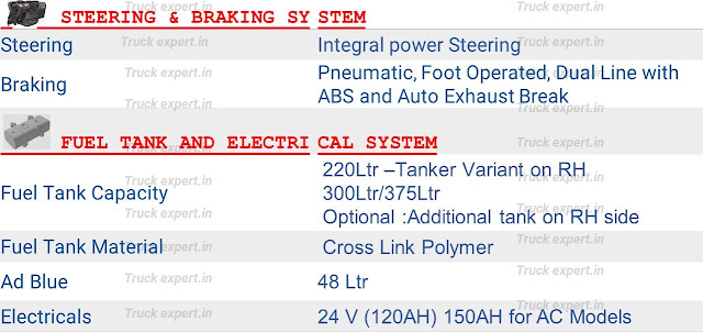 Ashok leyland 2820 -6x2-MAV Series - Cabin & Steering System Ashok leyland 2820 have a integral power steering, The Sleeper cabin gives a good comfort with the overall ground clearance of 273mm. The maximum speed attained is about 80kmph.  The maximum seating capacity in ashok leyland 2820 is 2 including driver & Air Conditioning is optional.  Ashok leyland 2820 -6x2- MAV Series - Brake System  The service brakes are pneumatic foot operated Full air dual line system with ABS (Anti-Lock Braking System) acting on wheels & Auto exhaust brakes. The front & rear wheels are having drum brakes.Ashok leyland 2820 Series - Fuel Capacity & Electrical The fuel tank capacity is 200Ltr (in Tanker Variant), 300 Ltr or 375 Ltr and Adblue Capacity of 48Ltr. The Electrical system consist of 24V,120AH & 150AH for Ac Models.
