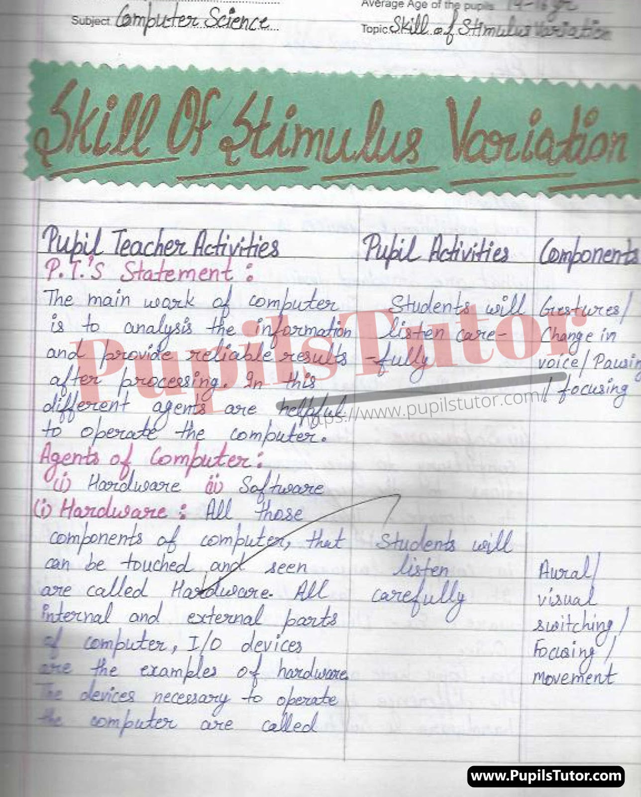 Microteaching Skill Of Stimulus Variation Computer Lesson Plan For Class 7 On Agents Of Computer – (Page And Image Number 1) – Pupils Tutor