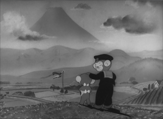 A screencap from the film, showing the older brother monkey in his Naval uniform, patting the head of his younger brother as they look out over their picturesque village.