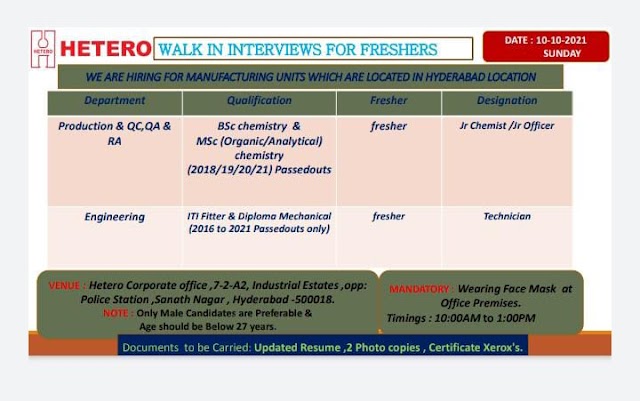 Hetero Labs | Walk-in for Freshers at Hyderabad on 10th Oct 2021