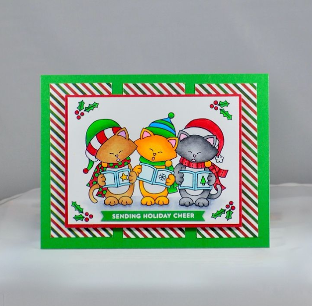 Sending holiday cheer by Kristi features Caroling Newton by Newton's Nook Designs; #inkypaws, #newtonsnook, #catcards, #christmascards, #cardmaking