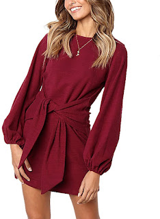 Women’s Elegant Long Lantern Sleeve Short Dress Crewneck Tie Waist Knit Cocktail Dress