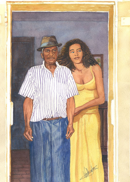 Watercolour illustration of an elderly creole man and his daughter at a doorway, "Patte Canard et Rosine," by William Walkington