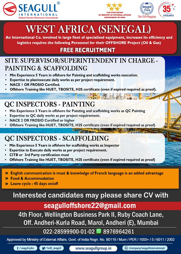 Free Recruitment : Jobs in West Africa (Senegal) : Offshore Project : Apply Now