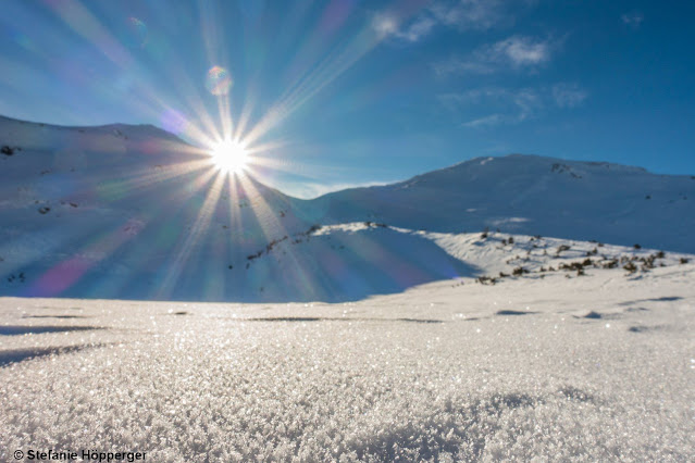 Oberflächenreif: Schön anzusehen. Kritisch wirds immer, wenn dieser überschneit bzw. überweht wird. Grubenkopf, Zentrale Stubaier Alpen (Foto: 14.12.2021)