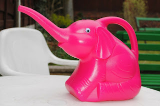 pink plastic watering can in the shape of an elephant