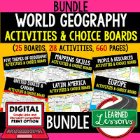 World Geography Digital Learning, World Geography Google Classroom, World Geography Choice Boards, Mapping Skills, Five Themes, People and Resources, United States, Canada, Europe, Latin America, Russia, Middle East, North Africa, Sub-Saharan Africa, Asia, Australia, Antarctica