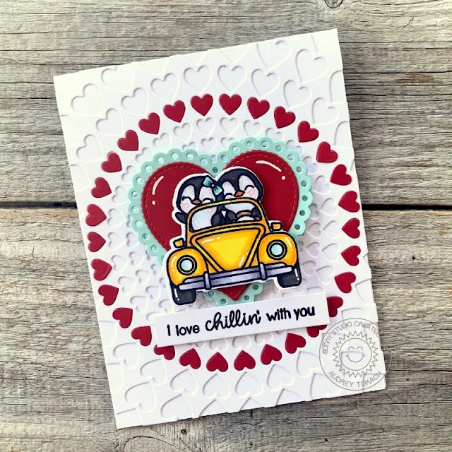 Sunny Studio Stamps: Stitched Heart Die & Scalloped Heart Die Card by Audrey Tokach (featuring Passionate Penquins, Bursting Heart Dies)