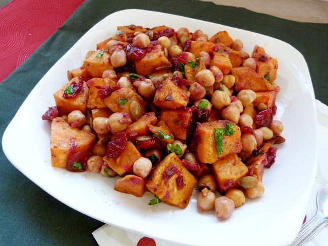Roasted Sweet Potato and Chickpea Salad with Warm Cranberry Chutney Dressing