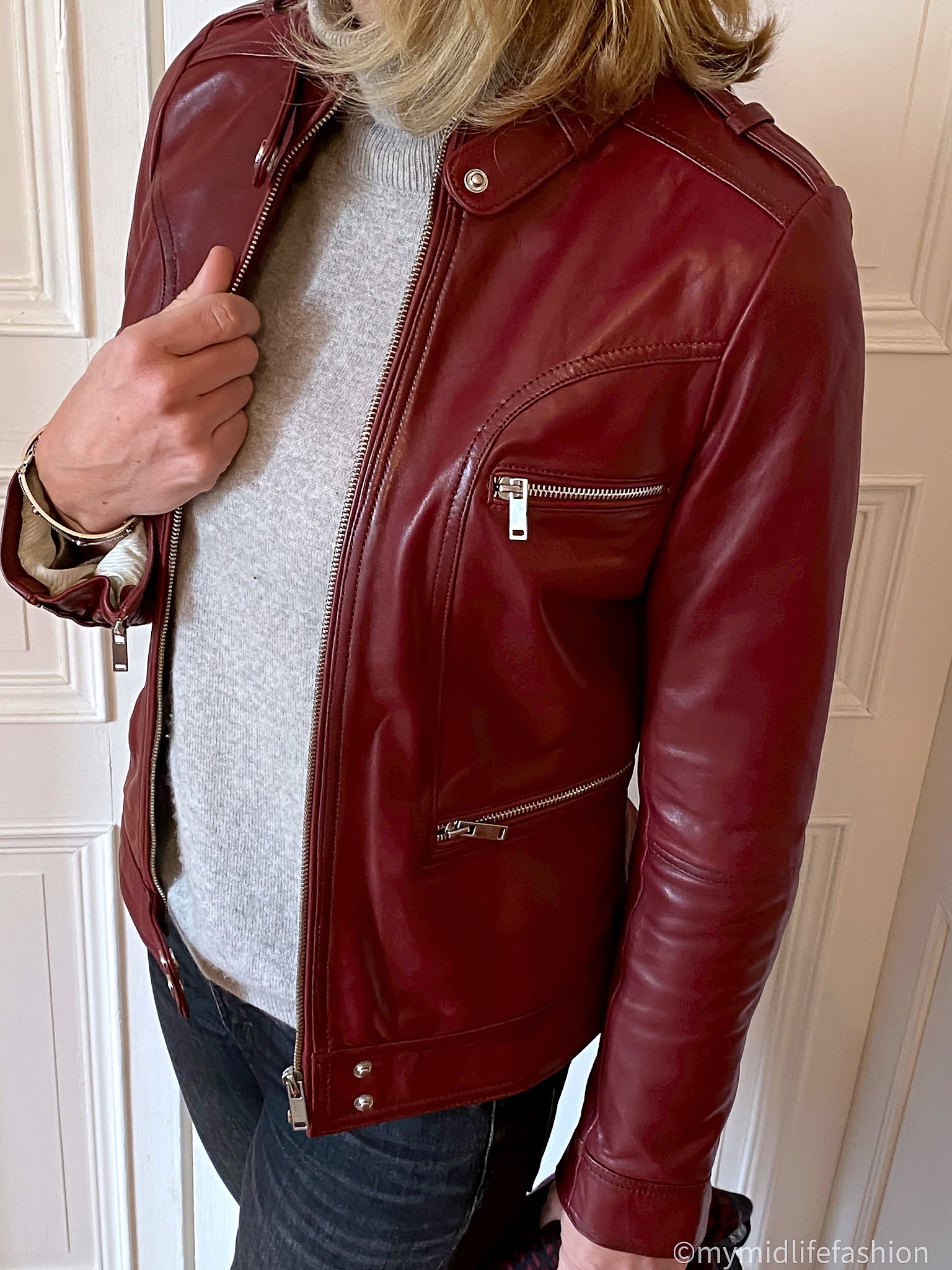 my midlife fashion, hidepark penny oxblood leather jacket, marks and Spencer pure cashmere roll neck jumper