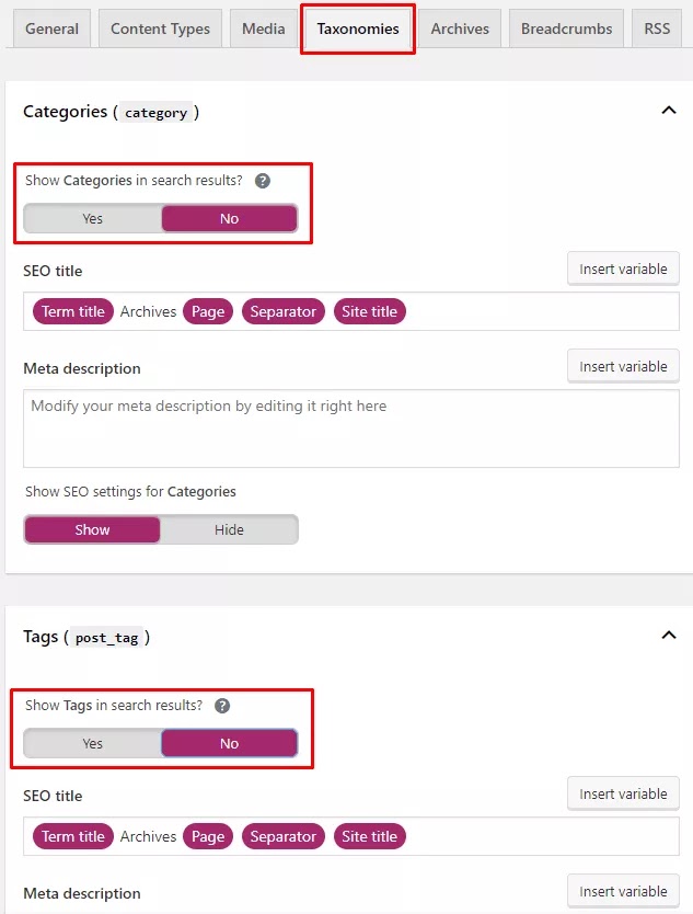 Yoast no index categories and tags