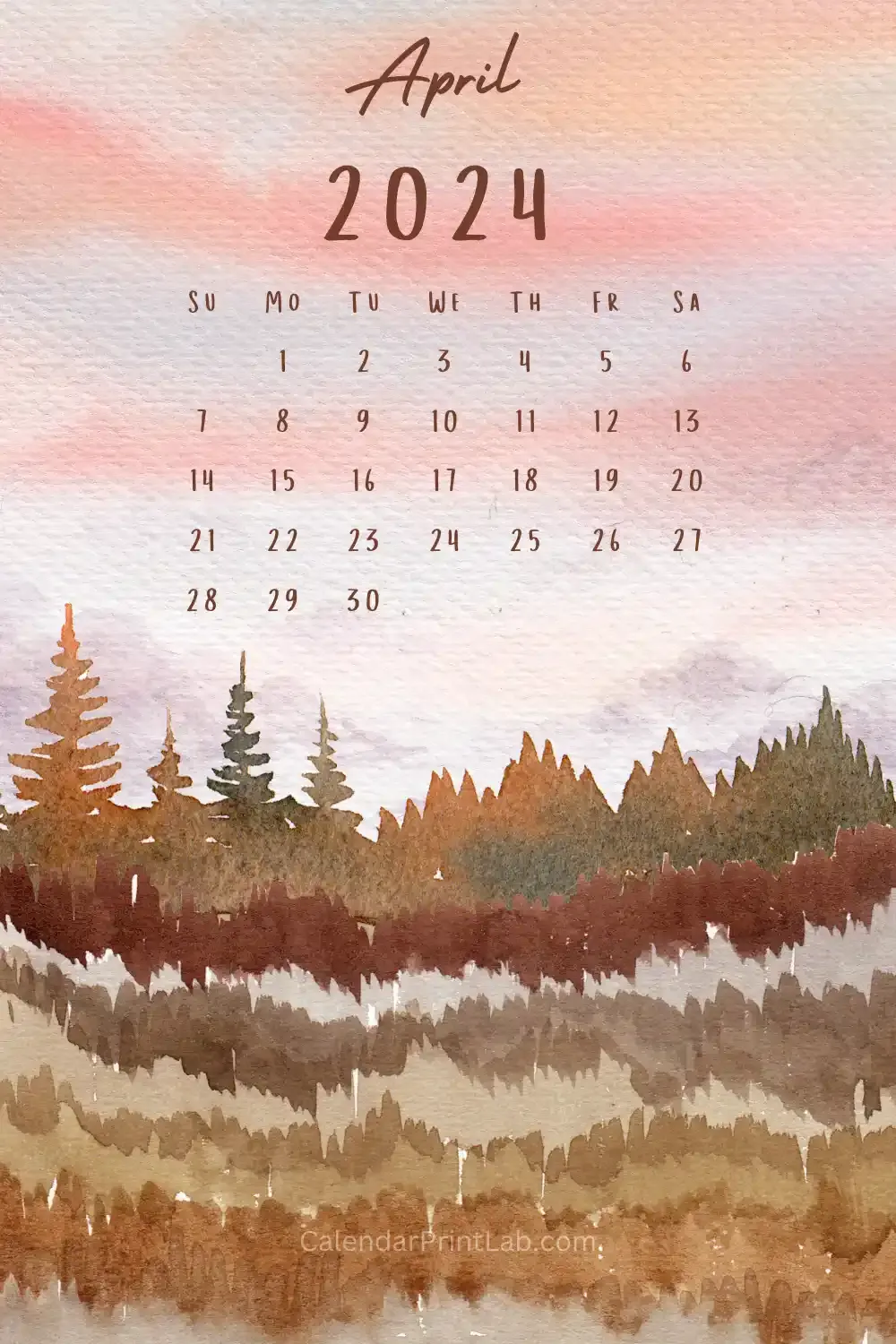 Watercolor April 2024 Calendar free Download