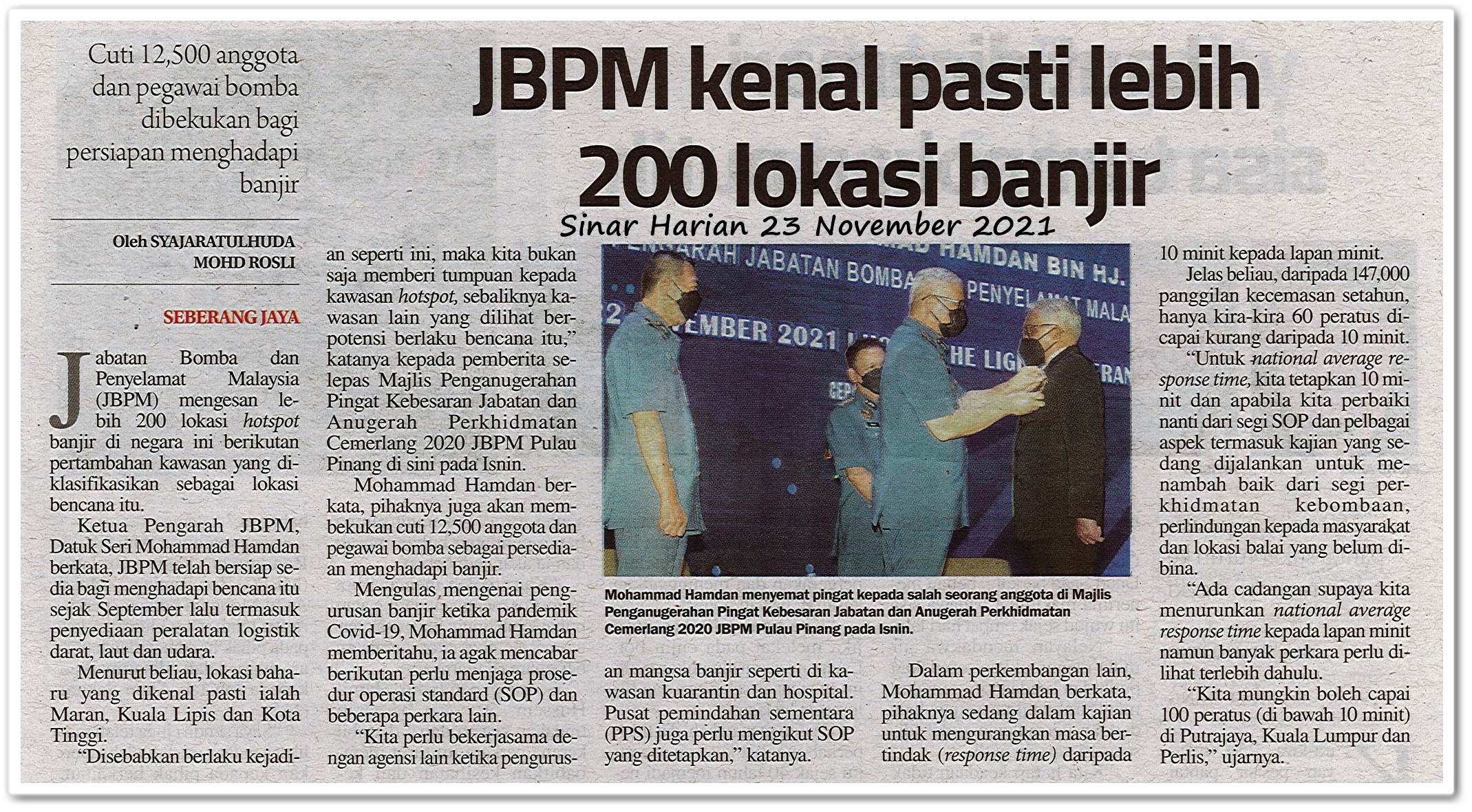 JBPM kenal pasti lebih 200 lokasi banjir - Keratan akhbar Sinar Harian 23 November 2021