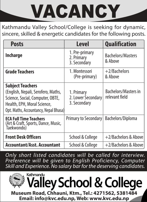 Kathmandu Valley School Vacancy for Various Post