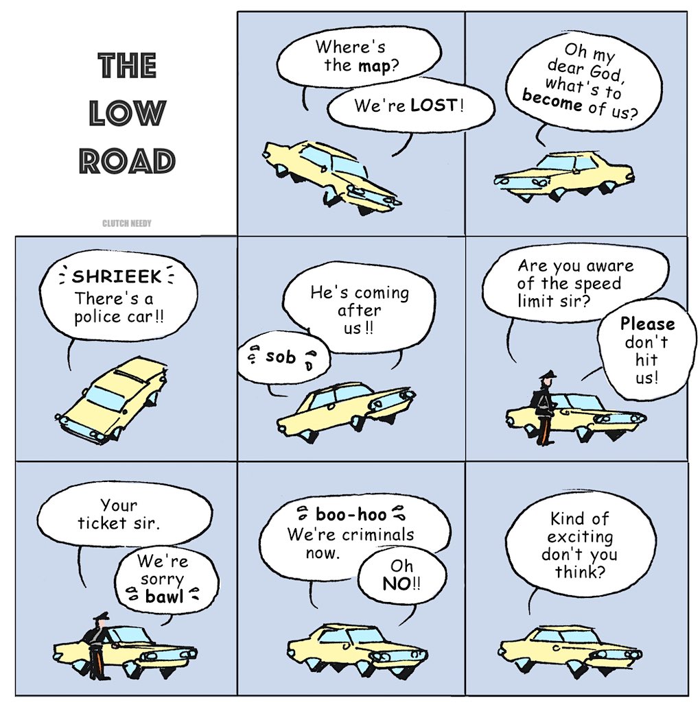 THE LOW ROAD cartoon by Clutch Needy, a bland couple's adventure