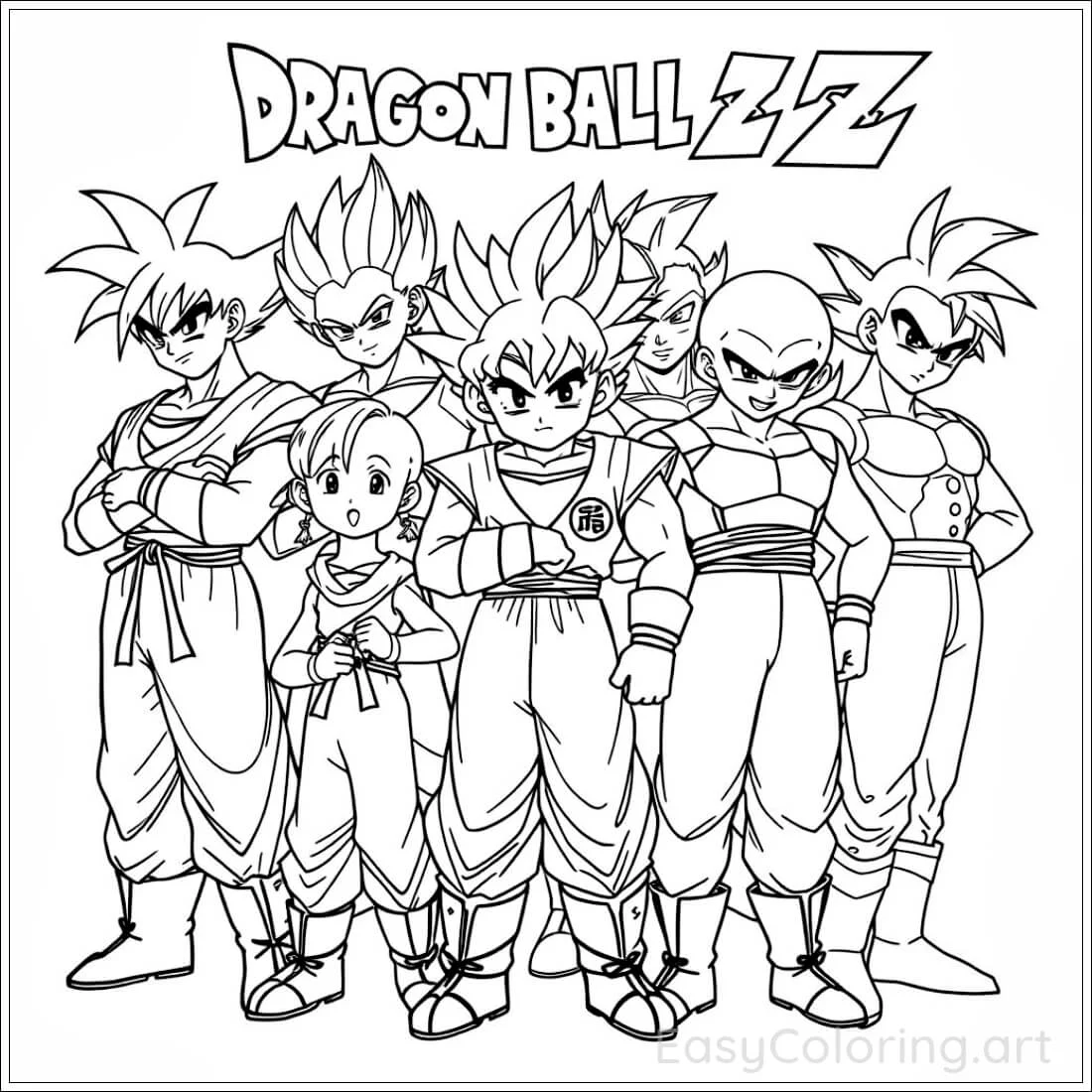 Large group line art coloring sheet featuring popular Dragon Ball Z characters together: Goku, Vegeta, Gohan, Piccolo, Frieza, Cell, Trunks, Bulma, Krillin, etc., arranged dynamically.