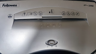 Close up to show the information imprinted on the shredder
