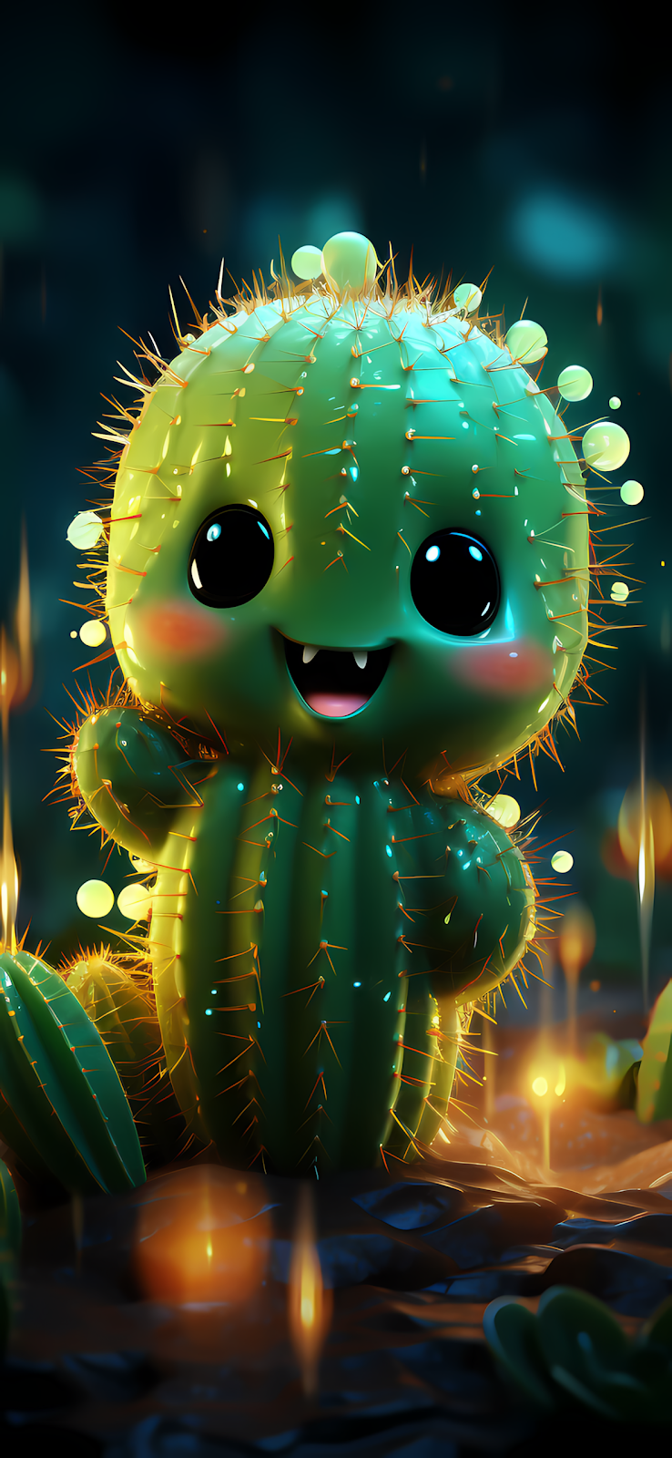 A cute, cartoon cactus with big eyes and a friendly smile, surrounded by glowing lights.
