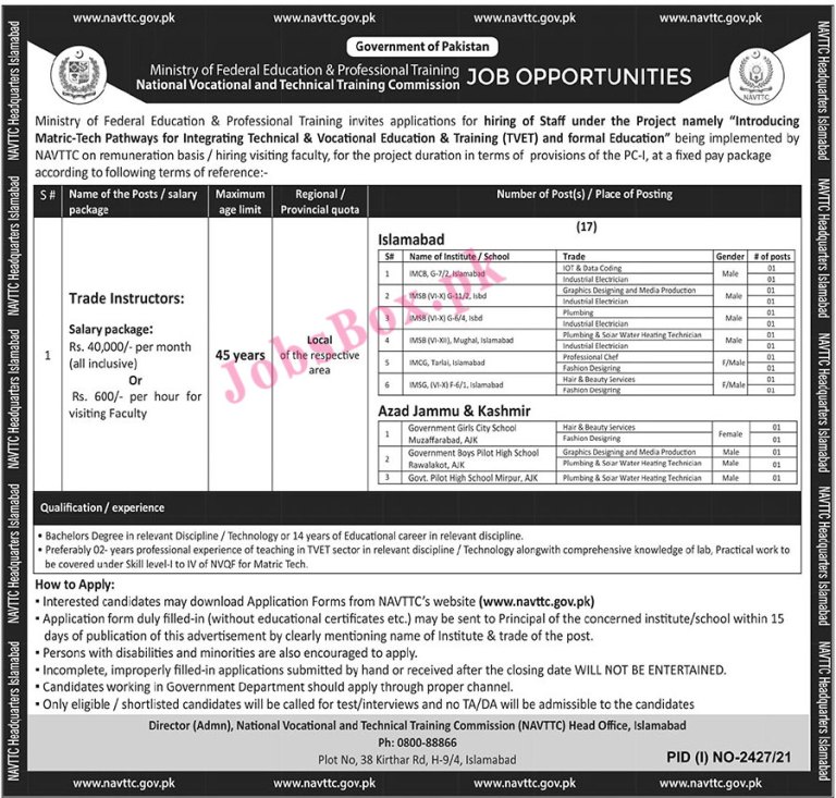 www.navttc.gov.pk - Ministry of Federal Education and Professional Training Jobs 2021 in Pakistan