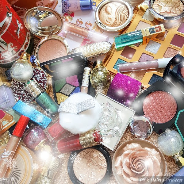 selection of high end makeup from limited edition Christmas holiday collections over the years