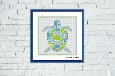 Blue turtle cute animals easy cross stitch embroidery pattern