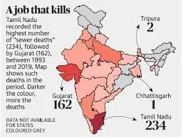 भारत में हाथ से मैला ढोने की प्रथा   चर्चा में क्यों:  सीवरों और सेप्टिक टैंकों की 'खतरनाक सफाई' को रोकने और उनकी मशीनीकृत सफाई को बढ़ावा देने के लिए विश्व शौचालय दिवस - 19 नवंबर 2020 पर सफाई मित्र सुरक्षा चुनौती शुरू की गई थी।    ️मैनुअल स्कैवेंजिंग के बारे में   मैला ढोने से तात्पर्य सार्वजनिक सड़कों और सूखे शौचालयों, सेप्टिक टैंकों, गटरों और सीवरों की सफाई से मानव मल को असुरक्षित और हाथ से निकालना है।  हाथ से मैला ढोना "सबसे अमानवीय" है और अनुच्छेद 21 के तहत गारंटीकृत मौलिक अधिकारों का उल्लंघन है।  SECC 2011 ने 1,82,505 घरों की पहचान की, जिनका प्राथमिक व्यवसाय हाथ से मैला ढोना है। कई संगठनों का सुझाव है कि हाथ से मैला ढोने वालों में 75% से अधिक महिलाएं हैं।  2016 से नवंबर 2019 (सामाजिक न्याय और अधिकारिता मंत्रालय) के बीच देश में सीवर और सेप्टिक टैंक की सफाई के दौरान 282 सफाई कर्मचारियों की मौत हो चुकी है।  ️सरकारी हस्तक्षेप मैनुअल स्कैवेंजर्स के रूप में रोजगार का निषेध और उनका पुनर्वास अधिनियम, 2013 - शुष्क शौचालयों के उन्मूलन और हाथ से मैला ढोने और वैकल्पिक व्यवसायों में हाथ से मैला ढोने वालों के पुनर्वास के लिए।  सफाई कर्मचारियों के लिए राष्ट्रीय आयोग - सफाई कर्मचारियों के कल्याण से संबंधित मामलों को देखने और सरकार को सिफारिशें करने के लिए एक वैधानिक निकाय।  राष्ट्रीय सफाई कर्मचारी वित्त और विकास निगम - सफाई कर्मचारियों, सफाई कर्मचारियों और उनके आश्रितों को किसी भी व्यवहार्य आय पैदा करने वाली योजनाओं के लिए वित्तीय सहायता प्रदान करता है। इसने 22 प्रशिक्षण संस्थानों को सूचीबद्ध किया है और वैकल्पिक रोजगार को बढ़ावा देने और उद्यमिता को प्रोत्साहित करने के प्रयास में विभिन्न प्रकार के कौशल प्रशिक्षण की पहचान की है।  हाथ से मैला उठाने वालों के पुनर्वास के लिए स्वरोजगार योजना (SRMS)।    स्वच्छ भारत अभियान -  मैला ढोने की प्रथा का उन्मूलन स्वच्छ भारत अभियान के उद्देश्यों में से एक है।    सफाईमित्र सुरक्षा चुनौती -  30 अप्रैल, 2021 तक पूरे भारत के 243 शहरों में सभी सेप्टिक और सीवेज टैंक सफाई कार्यों को पूरी तरह से मशीनीकृत करने का लक्ष्य है।    ️चुनौतियां   उचित पहचान का अभाव -  आधिकारिक और एनजीओ के आंकड़ों के बीच व्यापक अंतर। पूर्व-राष्ट्रीय सर्वेक्षण 2018 में 14 भारतीय राज्यों के वैधानिक शहरों में मैला ढोने वालों को स्वीकार किया गया।    कार्यान्वयन अंतराल -  राष्ट्रीय सर्वेक्षण (2018) द्वारा पहचाने गए 87,913 मैनुअल मैला ढोने वालों में से केवल 27,268 को ही संबंधित योजनाओं में एकीकृत किया गया है।    सरकार की उदासीनता -  स्थानीय प्रशासन यह मानने को तैयार नहीं है कि उनके अधिकार क्षेत्र में मैला ढोने की प्रथा मौजूद है। (2018 बेसलाइन सर्वे, वाटरएड इंडिया प्रोजेक्ट के तहत)    सरकार सबसे बड़ा उल्लंघनकर्ता -  भारतीय रेलवे के पास पटरियों पर ट्रेनों से मलमूत्र गिराने वाले शौचालय हैं और इस प्रकार पटरियों को मैन्युअल रूप से साफ करने के लिए मैला ढोने वालों को नियुक्त करते हैं।    कम धन - सरकार ने स्वरोजगार योजना के लिए बजट आवंटन में कमी की है  फरवरी 2021-'22 के लिए 9% से 100 करोड़ रुपये।    अन्य  - यह प्रथा जाति, वर्ग और आय के विभाजन से प्रेरित है, एक व्यवहार्य वैकल्पिक आय स्रोत की अनुपस्थिति, अधिकांश लोग अपने अधिकारों और अधिकारों के बारे में अनजान हैं।    आगे का रास्ता:  मुद्दे की स्वीकृति और इसकी गंभीरता पहला कदम है, इससे हाथ से मैला उठाने वालों की उचित पहचान होती है। इसके अलावा, कानून का अक्षरश: कार्यान्वयन, अभ्यास के बारे में सामाजिक संवेदीकरण, योजनाओं और कार्यक्रमों के बारे में जागरूकता, वैकल्पिक आजीविका के अवसर पैदा करना इस कुप्रथा से छुटकारा पाने की कुंजी होगी।      🔆Manual scavenging In India    ✅Why in the news : Safai Mitra Suraksha Challenge was launched on World Toilet Day - 19 Nov 2020, to prevent ‘hazardous cleaning’ of sewers and septic tanks and promote their mechanized cleaning.     ▪️About Manual scavenging    ✅ Manual scavenging refers to the unsafe and manual removal of human excrement from public streets and dry latrines, cleaning septic tanks, gutters and sewers”.   ✅Manual scavenging is the “most inhuman” and violative of the fundamental rights guaranteed under Article 21.   ✅The SECC 2011 identified 1,82,505 households with the primary occupation of manual scavenging. Several organisations suggest that more than 75 % of manual scavengers are women.   ✅ 282 sanitation workers have died while cleaning sewers and septic tanks in the country between 2016 and November 2019 (Ministry of Social Justice and Empowerment).     ▪️Government Interventions    ✅The ‘Prohibition of Employment as Manual Scavengers and their Rehabilitation Act, 2013 - For eradication of dry latrines and manual scavenging and rehabilitation of manual scavengers in alternative occupations.   ✅National Commission for Safai Karamcharis -  A statutory body to look into matters concerning the Safai Karamcharis' welfare and make recommendations to the government.   ✅ National Safai Karamcharis Finance and Development Corporation -  Provides financial assistance to the Safai Karamcharis, Scavengers and their dependents for any viable income generating schemes. It has empanelled 22 training institutions and identified a variety of skill training in an attempt to boost alternative employment and encourage entrepreneurship.   ✅Self-Employment Scheme for Rehabilitation of Manual Scavengers (SRMS).   ✅ Swachh Bharat Abhiyaan -  Eradication of manual scavenging is one of the objectives of Swachh Bharat Abhiyaan.   ✅Safaimitra Suraksha Challenge -  Aims to completely mechanise all septic and sewage tank cleaning operations in 243 cities across India, by April 30, 2021.     ▪️Challenges    ✅ Lack of proper identification -  Wide difference between official and NGO figures. Ex - National survey 2018 acknowledged manual scavengers in the statutory towns of 14 Indian states.   ✅ Implementation gaps -  Of the 87,913 manual scavengers identified by the national survey (2018), only 27,268 have been integrated into relevant schemes.   ✅Government apathy -  Local administrations are not ready to accept that manual scavenging existed in their jurisdictions. (2018 baseline survey, under WaterAid India’s project)   ✅Govt Biggest violator -  Indian Railways have toilets dropping the excreta from trains on the tracks and thus employ scavengers to clean the tracks manually.   ✅ Reduced funding -   Government has reduced the Budget allocation for the self-employment scheme in   February by 9% to Rs 100 crore for 2021-’22.   ✅Other -  The practice is driven by caste, class and income divides, Absence of a viable alternative income source, most people are unaware about their entitlements and rights.     Way Forward :  Acknowledgement of the issue and its gravity is the first step, it leads to proper identification of manual scavengers. Apart from it, implementation of laws in letter and spirit, social sensitization about the practice, awareness of schemes and programmes, generating alternative livelihood opportunities would be the key to get rid of this evil practice.