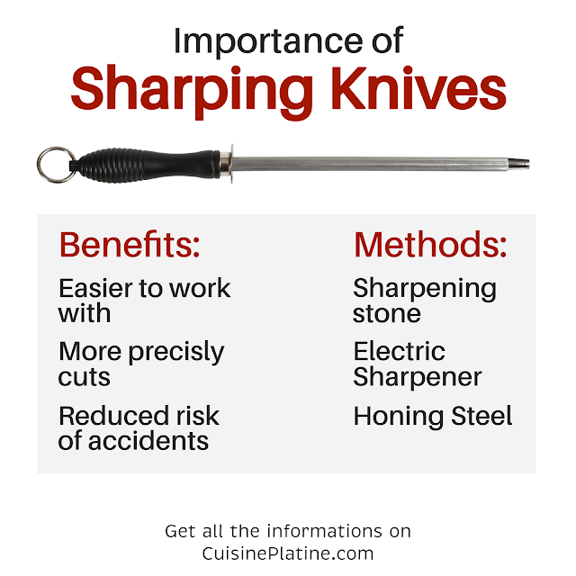 Knife Sharpening: Easier work, precise cuts, reduced injury risk. Methods: Sharpening stones, honing steel, electric sharpeners.