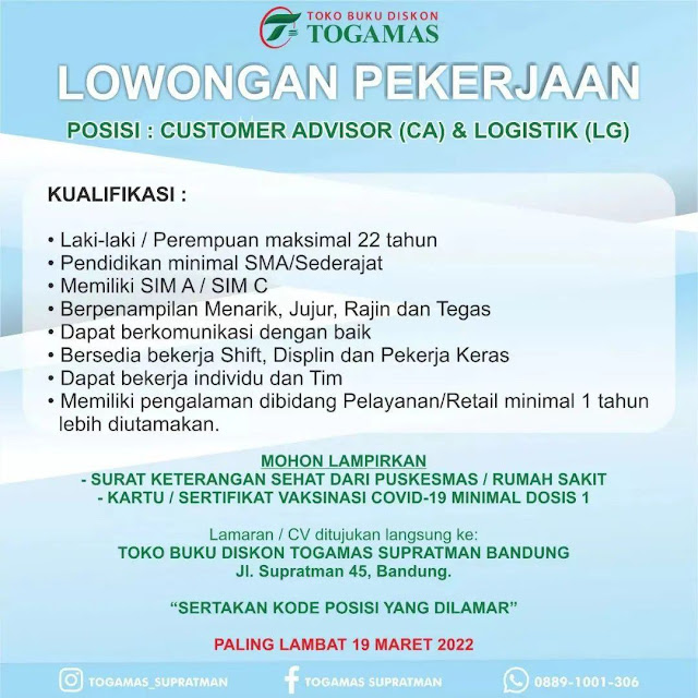 Loker Bandung Customer Advisor & Logistik Toko Buku Togamas