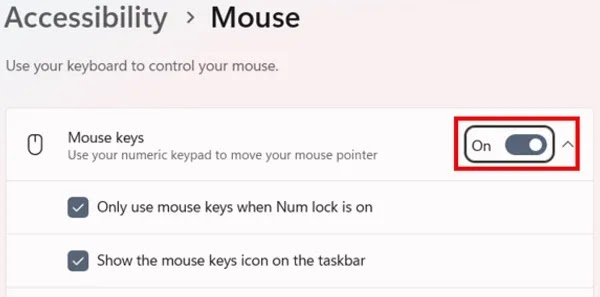 قم بتغيير حالة خيار Mouse keys إلى On