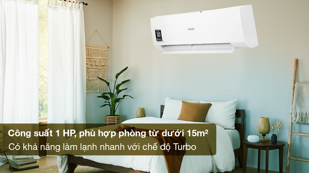 Máy lạnh Aqua Inverter 1 HP AQA-RV9QA - Công suất 1 HP. phù hợp diện tích căn phòng dưới 15m2, có khả năng làm lạnh nhanh