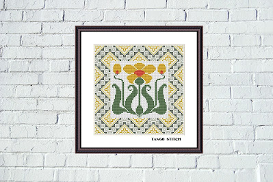 Yellow Art nouveau ornament flower cross stitch embroidery design